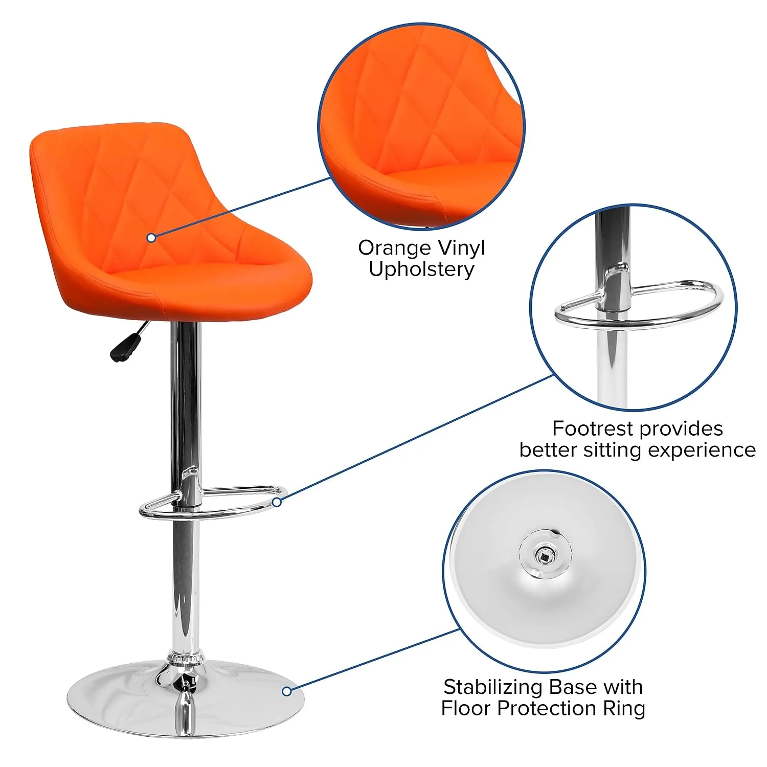 Flash Furniture Vinyl Adjustable Height Barstool, 1 Pack, Orange