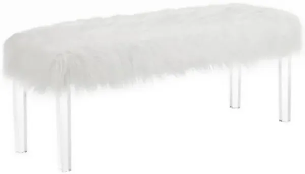 Contemporary Bench with Faux Fur Seat and Acrylic Legs, White and Clear-Benzara