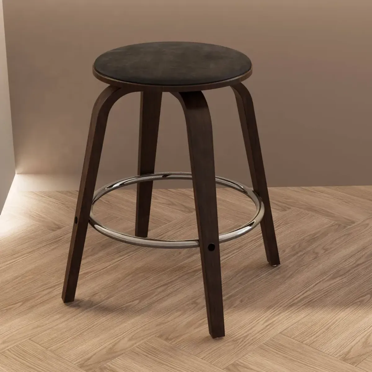 LeisureMod Pelya Modern Swivel Counter Stool Upholstered in Leather in Taupe