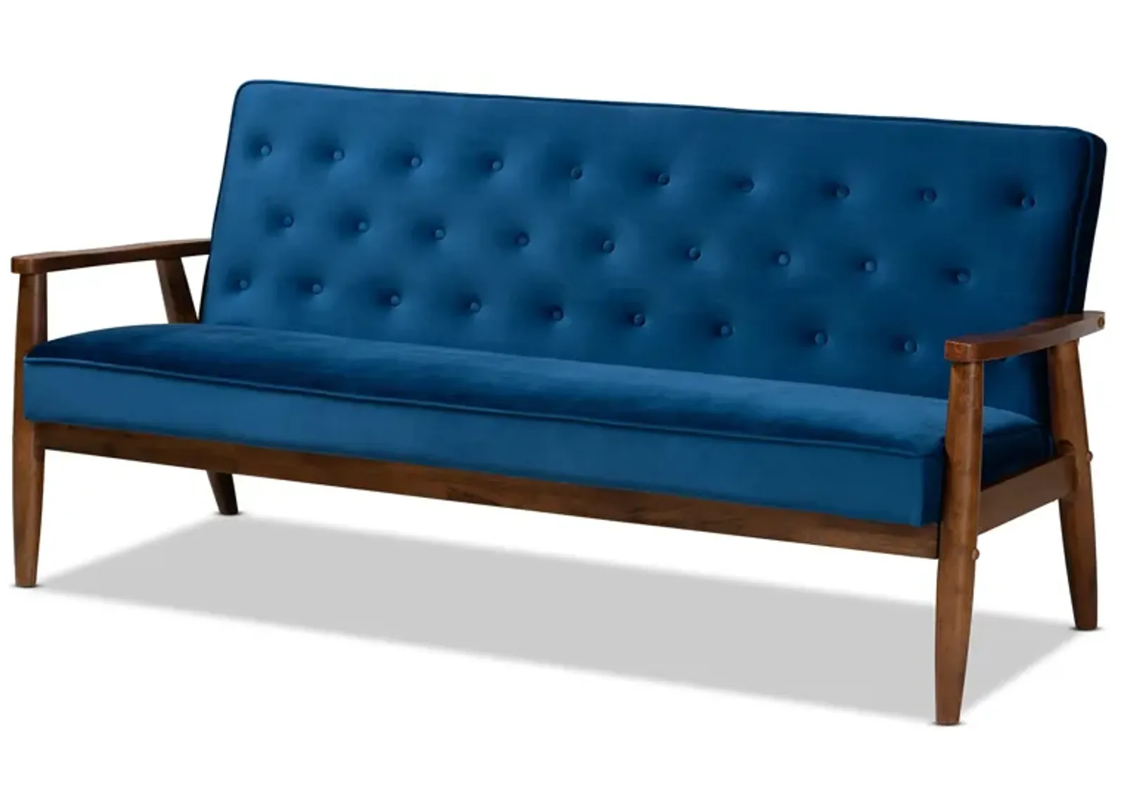 Baxton Studio Sorrento Navy Velvet Fabric Upholstered Walnut Finished Wooden 3 seater Sofa