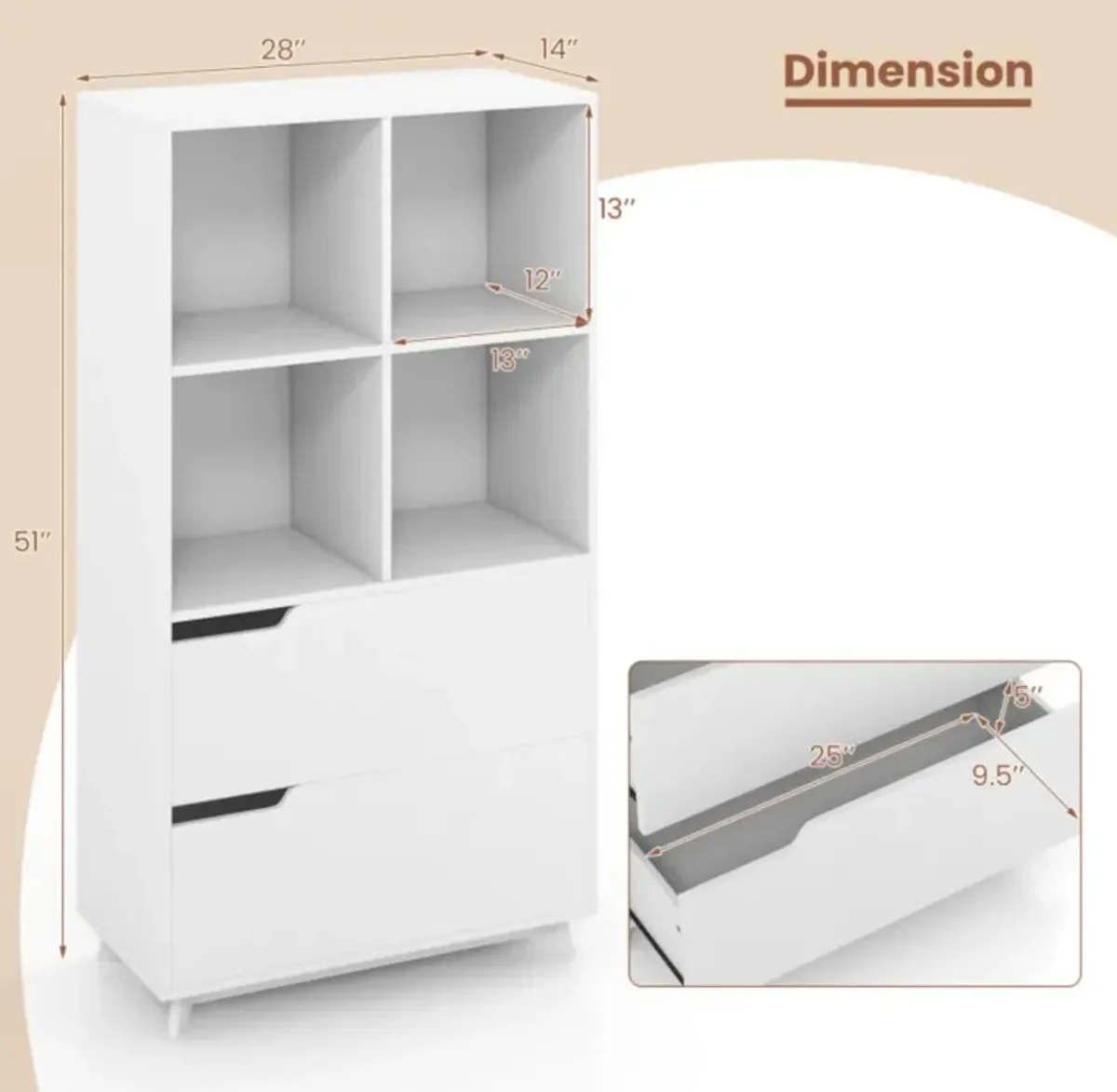 Hivvago 4-Tier Open Bookcase with 2 Drawers and 4 Storage Cubes