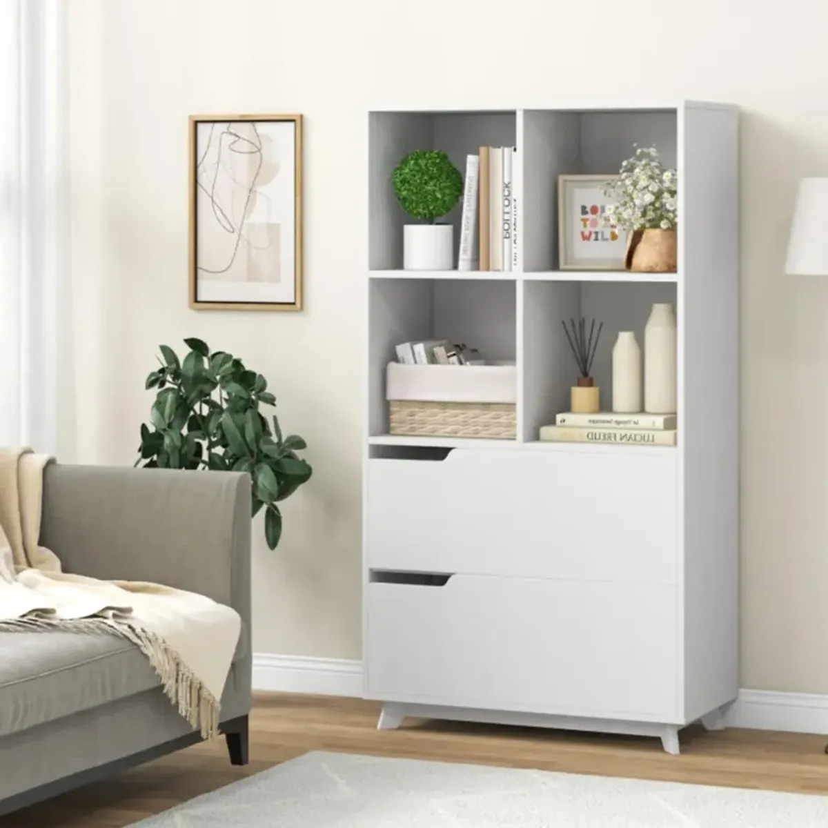 Hivvago 4-Tier Open Bookcase with 2 Drawers and 4 Storage Cubes