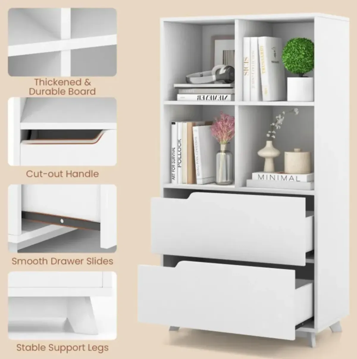 Hivvago 4-Tier Open Bookcase with 2 Drawers and 4 Storage Cubes