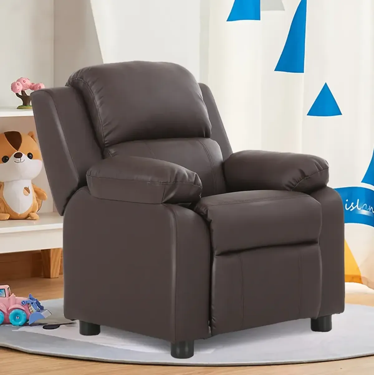 Kids Deluxe Headrest  Recliner Sofa Chair with Storage Arms