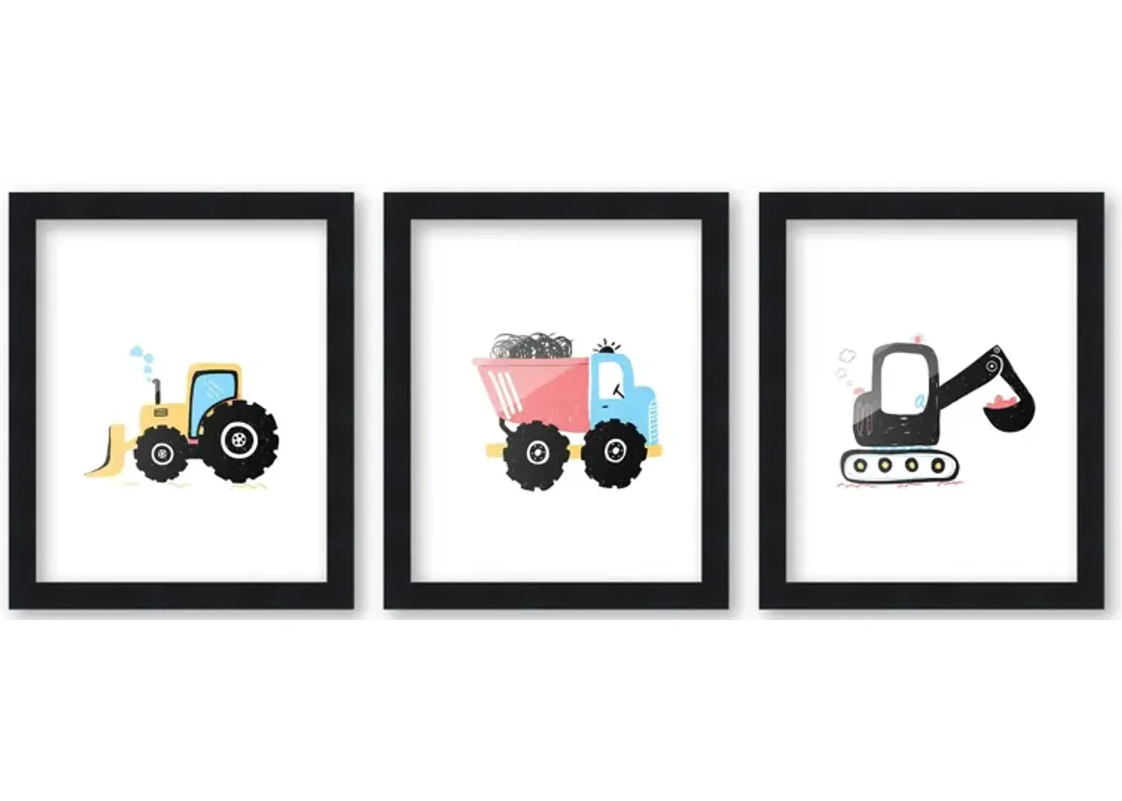 8x10 Framed Nursery Wall Art Set of 3 Hand Drawn Construction Prints in Black Wood Frames