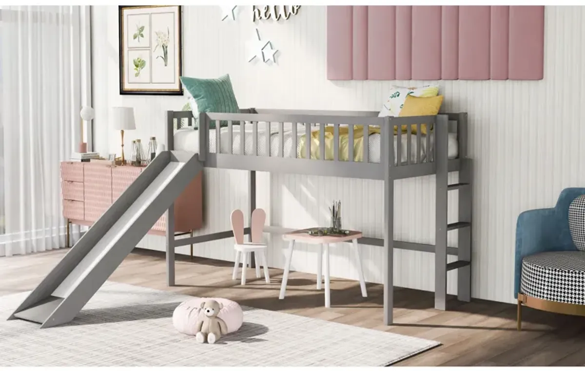 Twin Size Low Loft Bed with Ladder and Slide