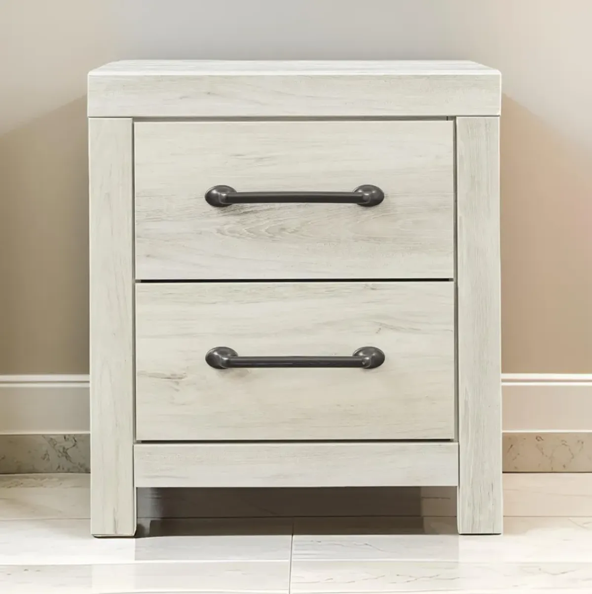 Transitional Wooden Two Drawer Setup Nightstand with Bar Handles, White-Benzara