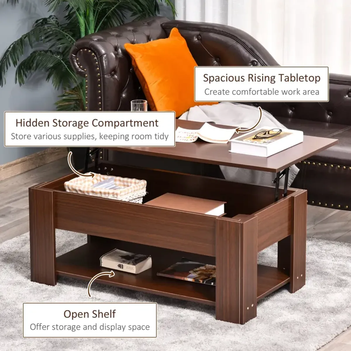 Brown Living Room Table: 39" Lift Top Coffee Table with Hidden Storage