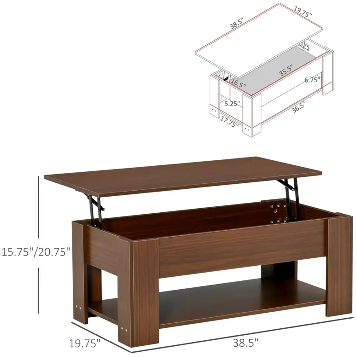 Brown Living Room Table: 39" Lift Top Coffee Table with Hidden Storage