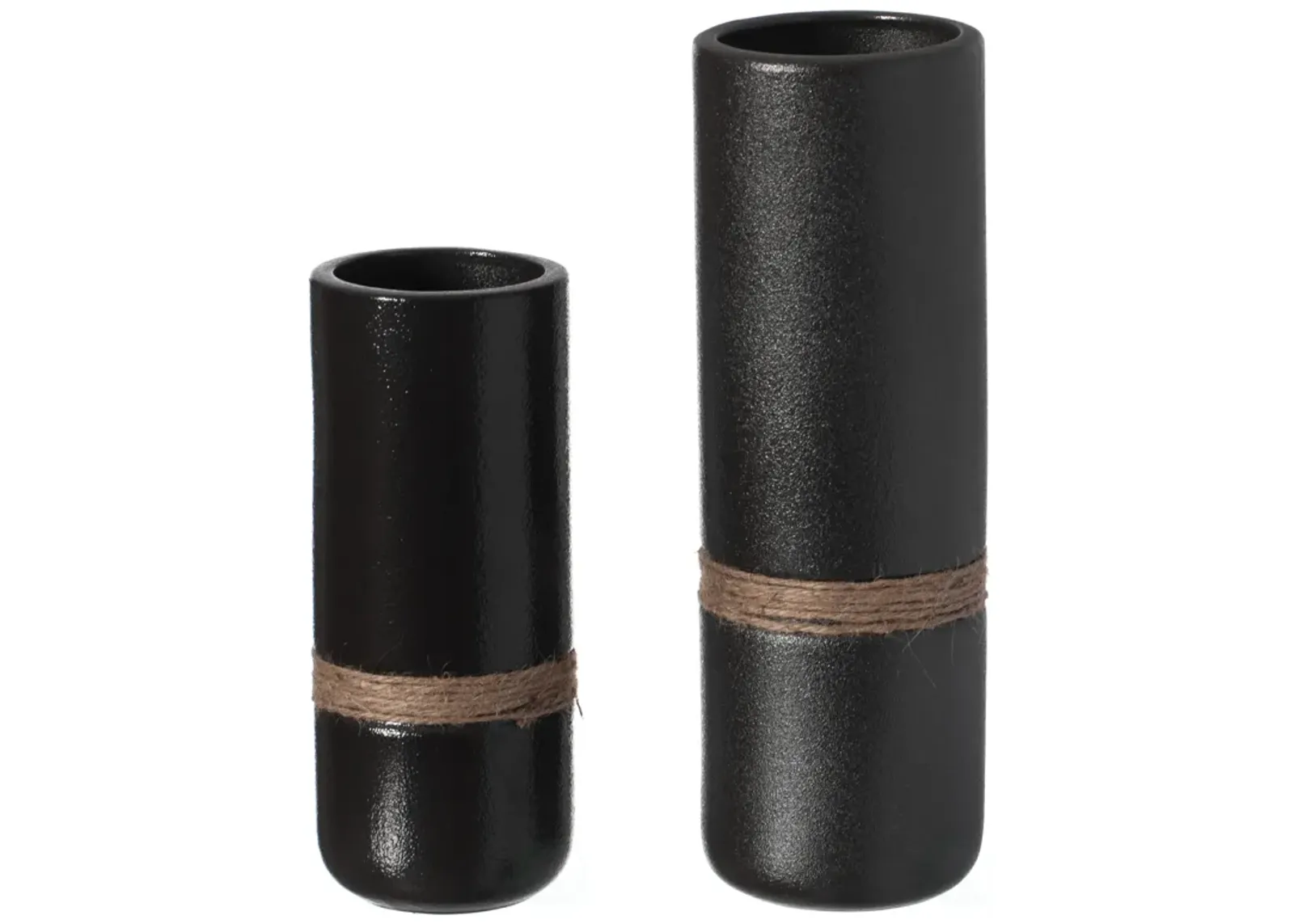 Decorative Modern Ceramic Cylinder Shape Table Vase Flower Holder with Rope, Black Set of 2