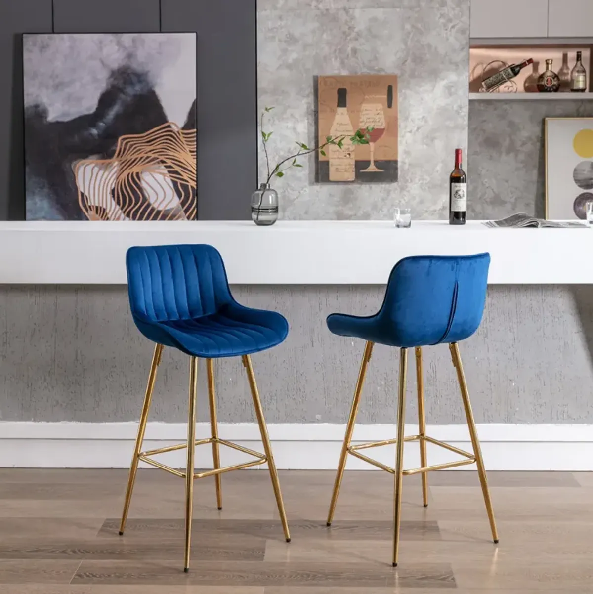 30 inch Set of 2 Bar Stools, with Chrome Footrest Velvet Fabric Counter Stool Golden Leg Simple High Bar Stool, BLUE