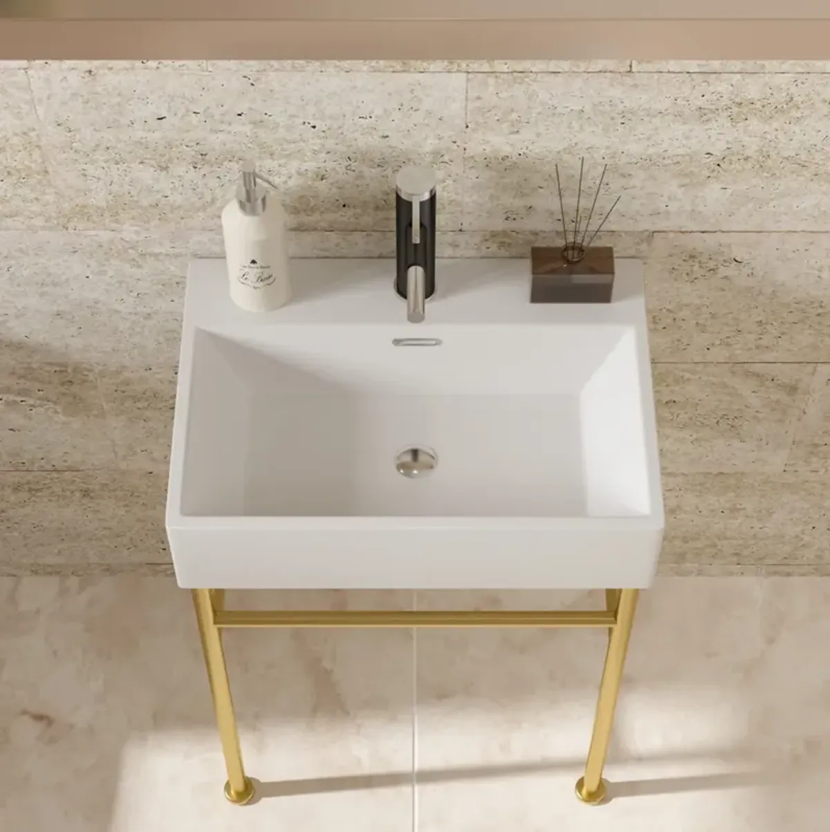 24" Bathroom Console Sink With Overflow, Ceramic Console Sink White Basin Gold Legs