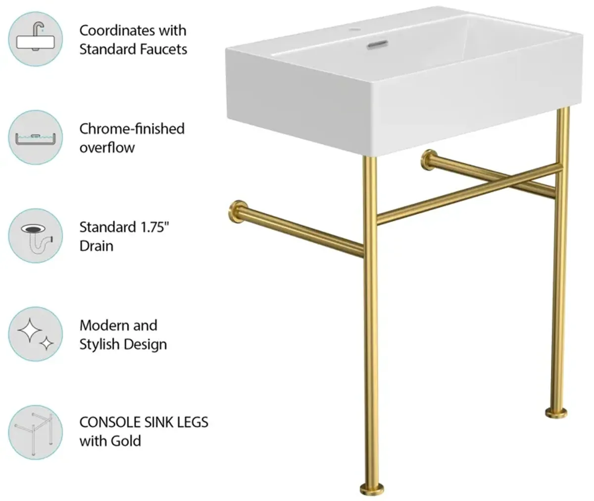 24" Bathroom Console Sink With Overflow, Ceramic Console Sink White Basin Gold Legs