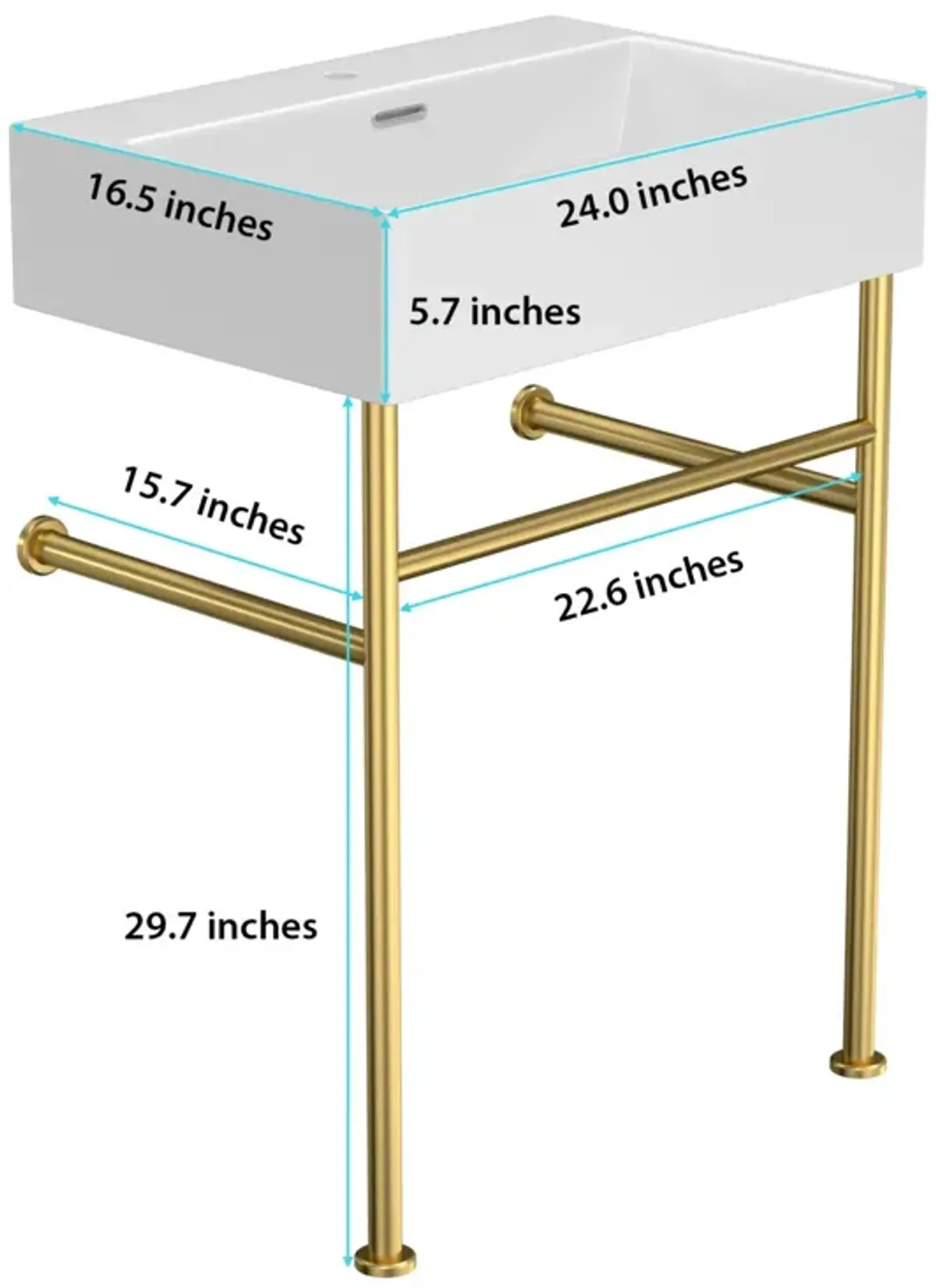 24" Bathroom Console Sink With Overflow, Ceramic Console Sink White Basin Gold Legs