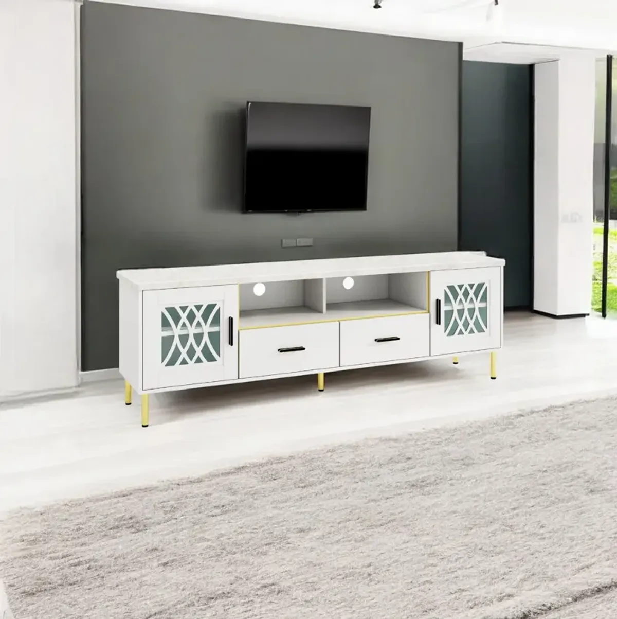 TV Stand with Glass Doors for Flat Screen TVs and Elegant Media Storage