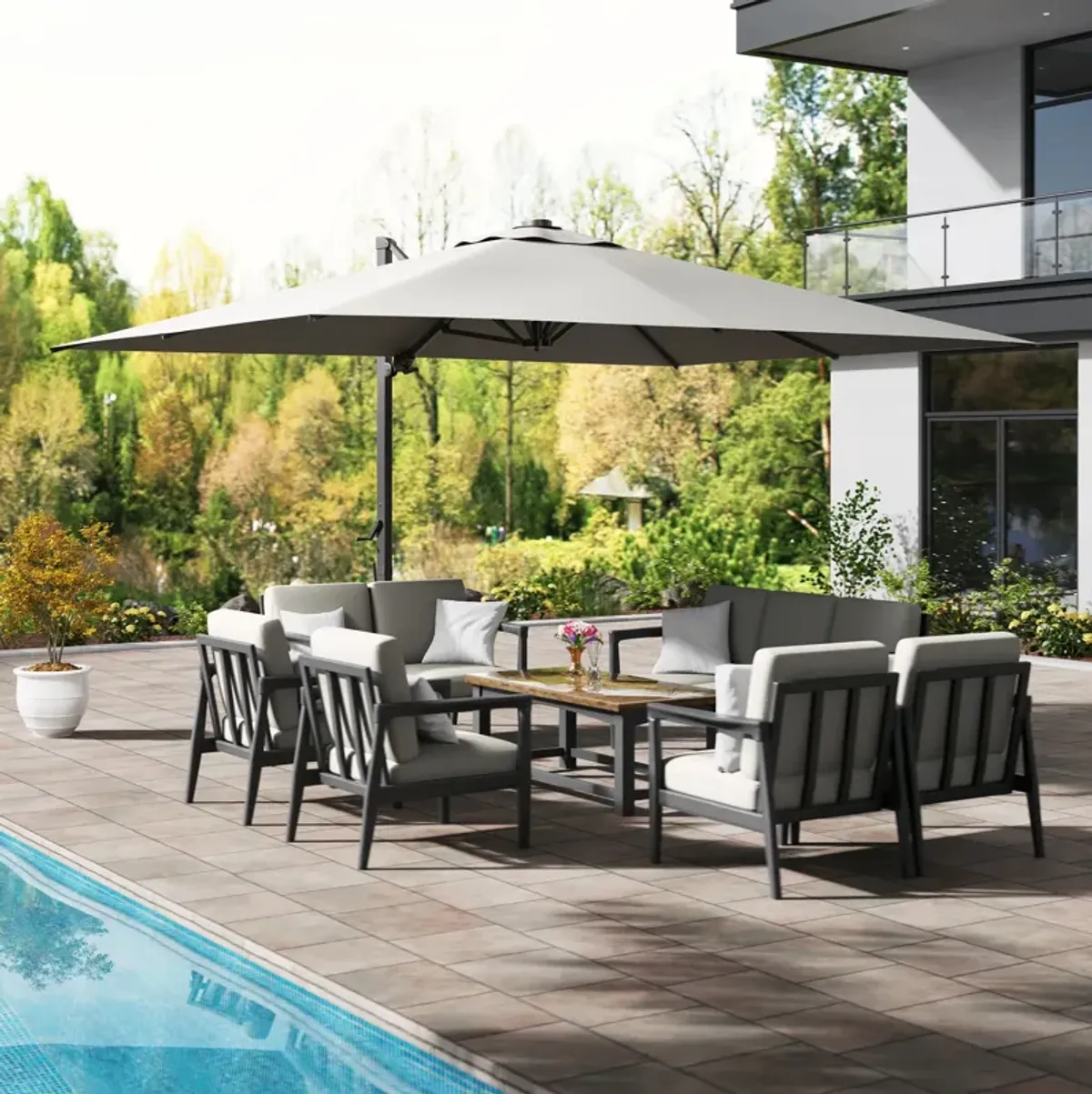 MONDAWE 13ft Square Solar LED Cantilever Patio Umbrella with Bluetooth Light for Outdoor Shade