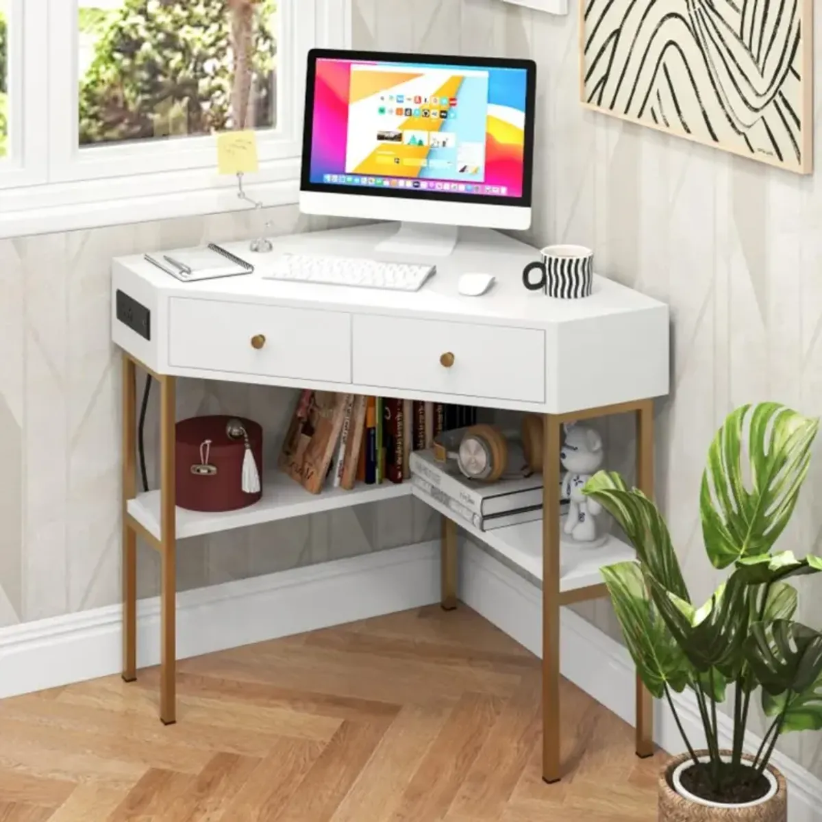 Hivvago Triangle Corner Desk with Charging Station with 2 Drawers and Storage Shelf