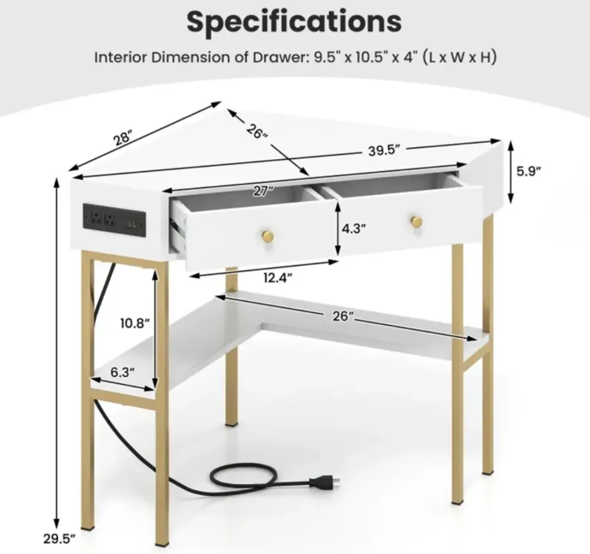 Hivvago Triangle Corner Desk with Charging Station with 2 Drawers and Storage Shelf