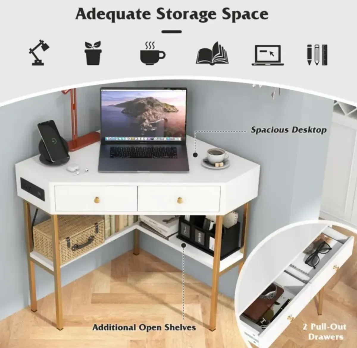 Hivvago Triangle Corner Desk with Charging Station with 2 Drawers and Storage Shelf