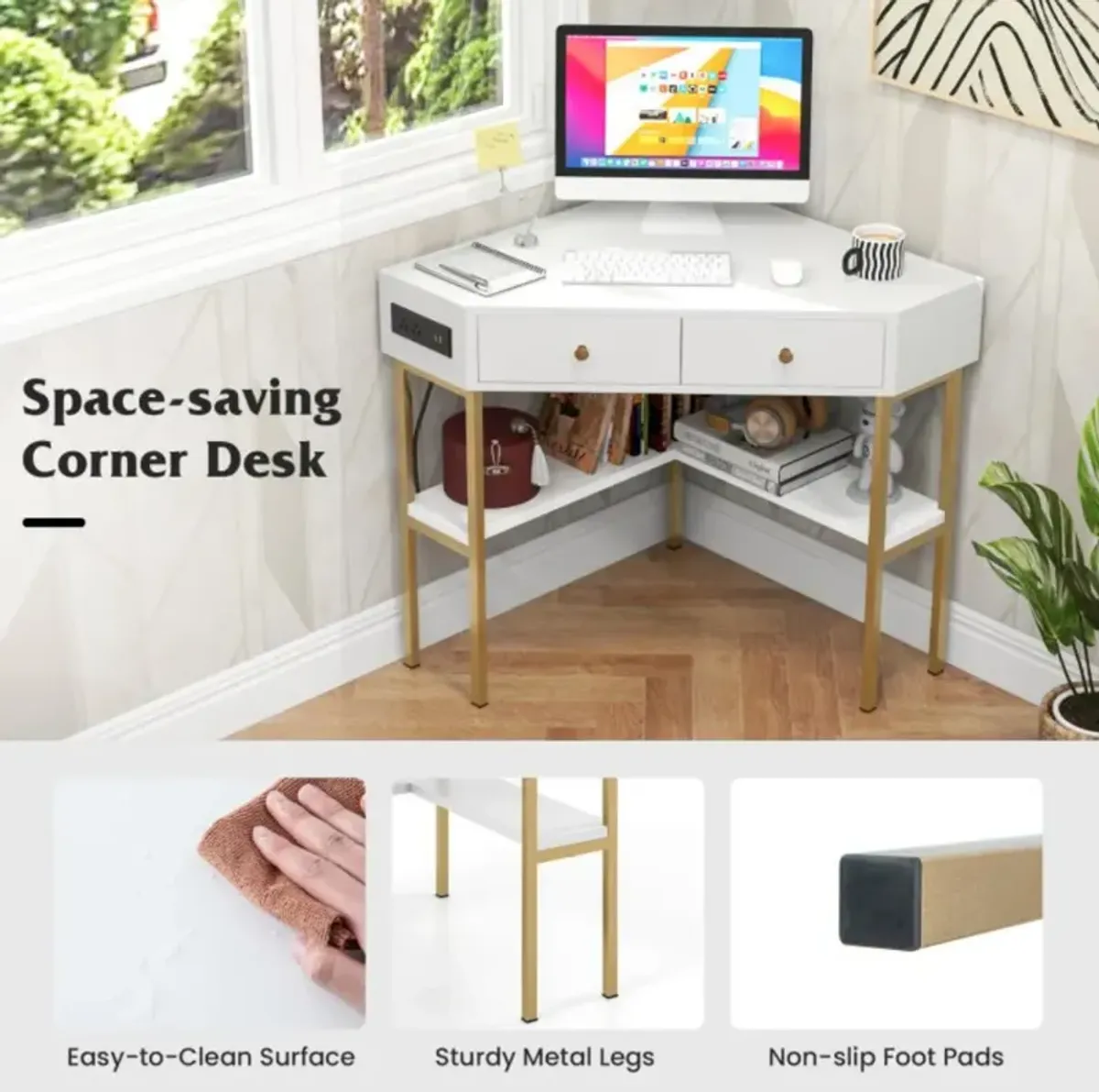 Hivvago Triangle Corner Desk with Charging Station with 2 Drawers and Storage Shelf