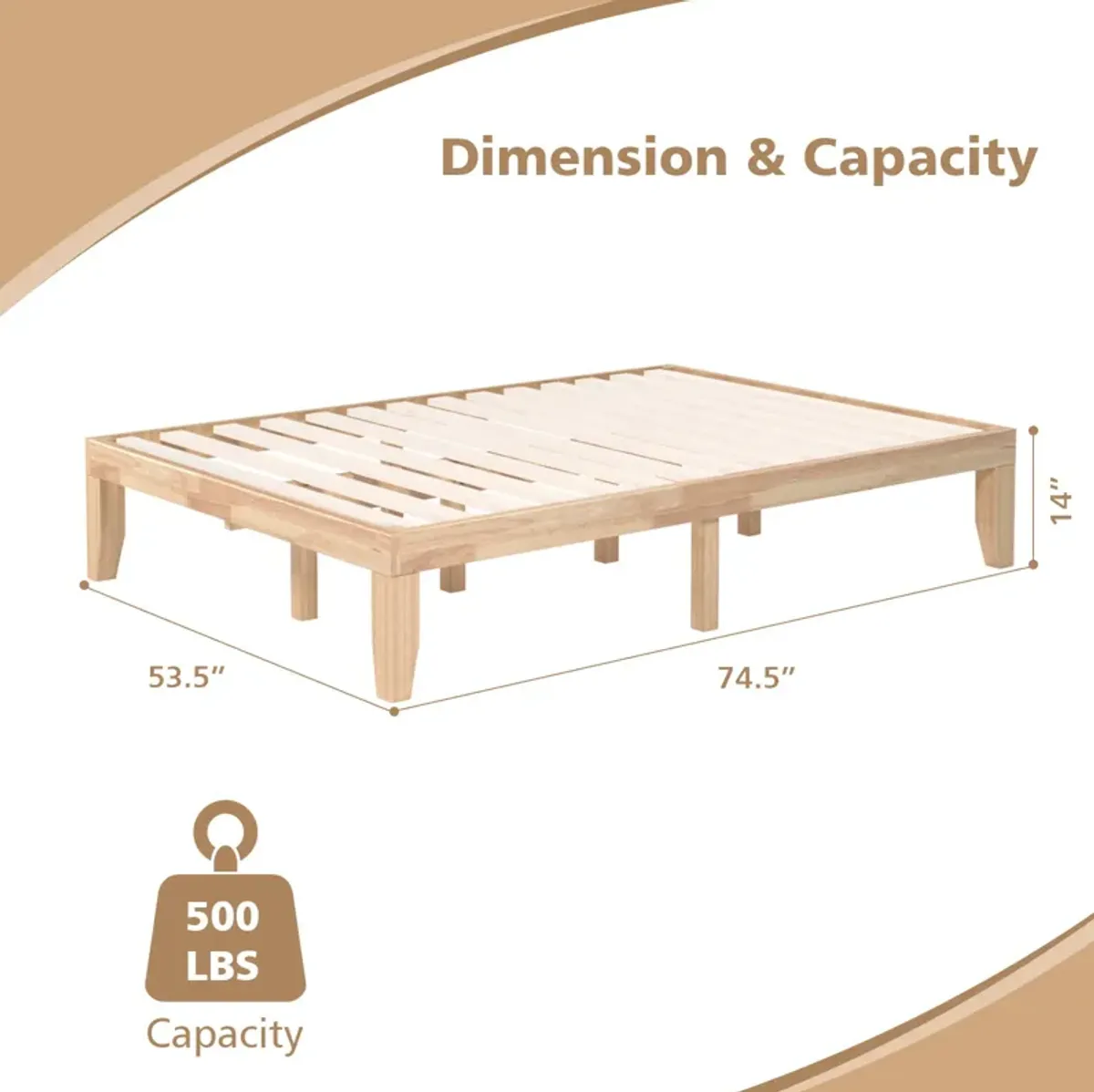 14 Inch Full Size Wood Platform Bed Frame with Wood Slat Support