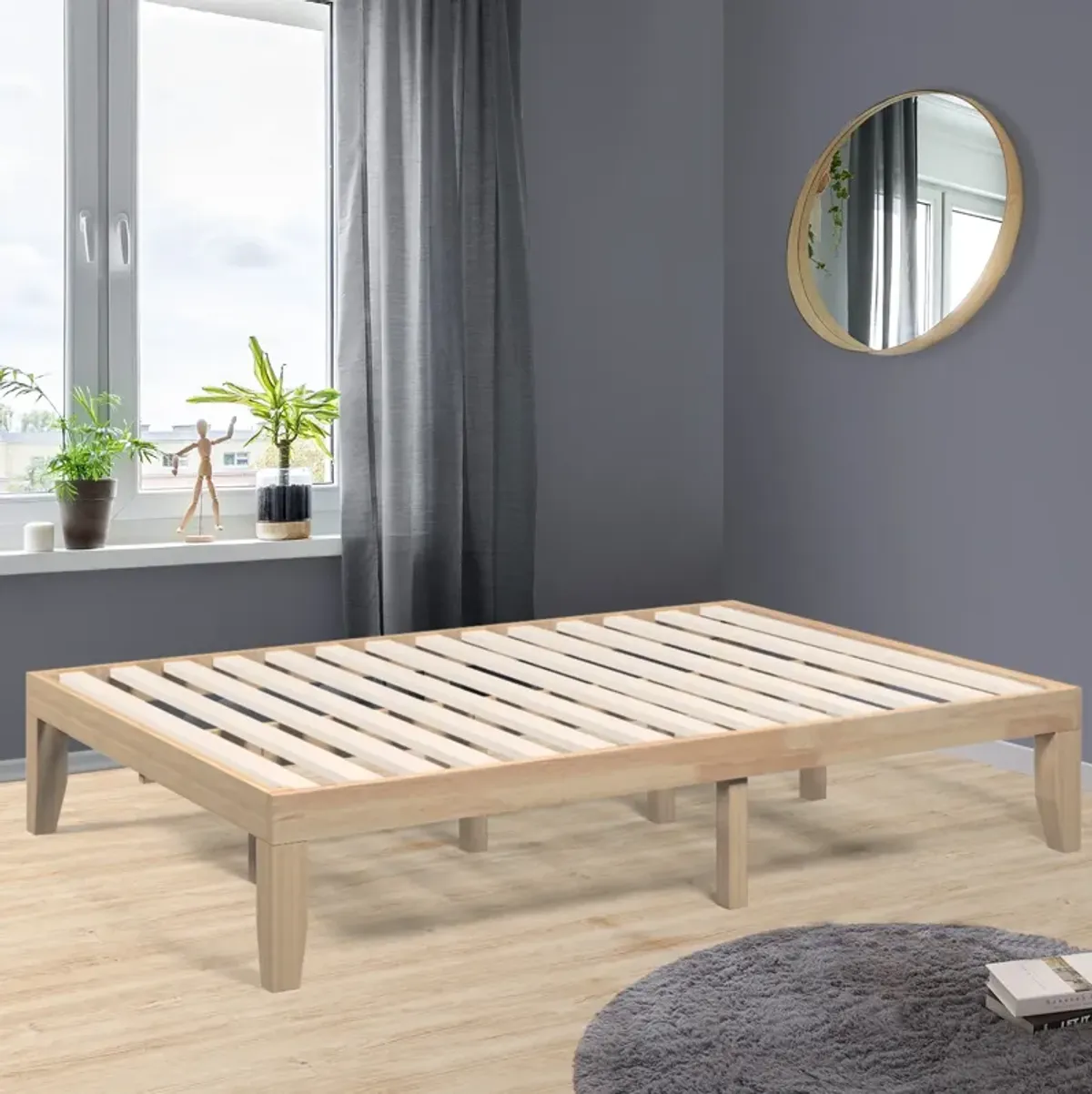 14 Inch Full Size Wood Platform Bed Frame with Wood Slat Support