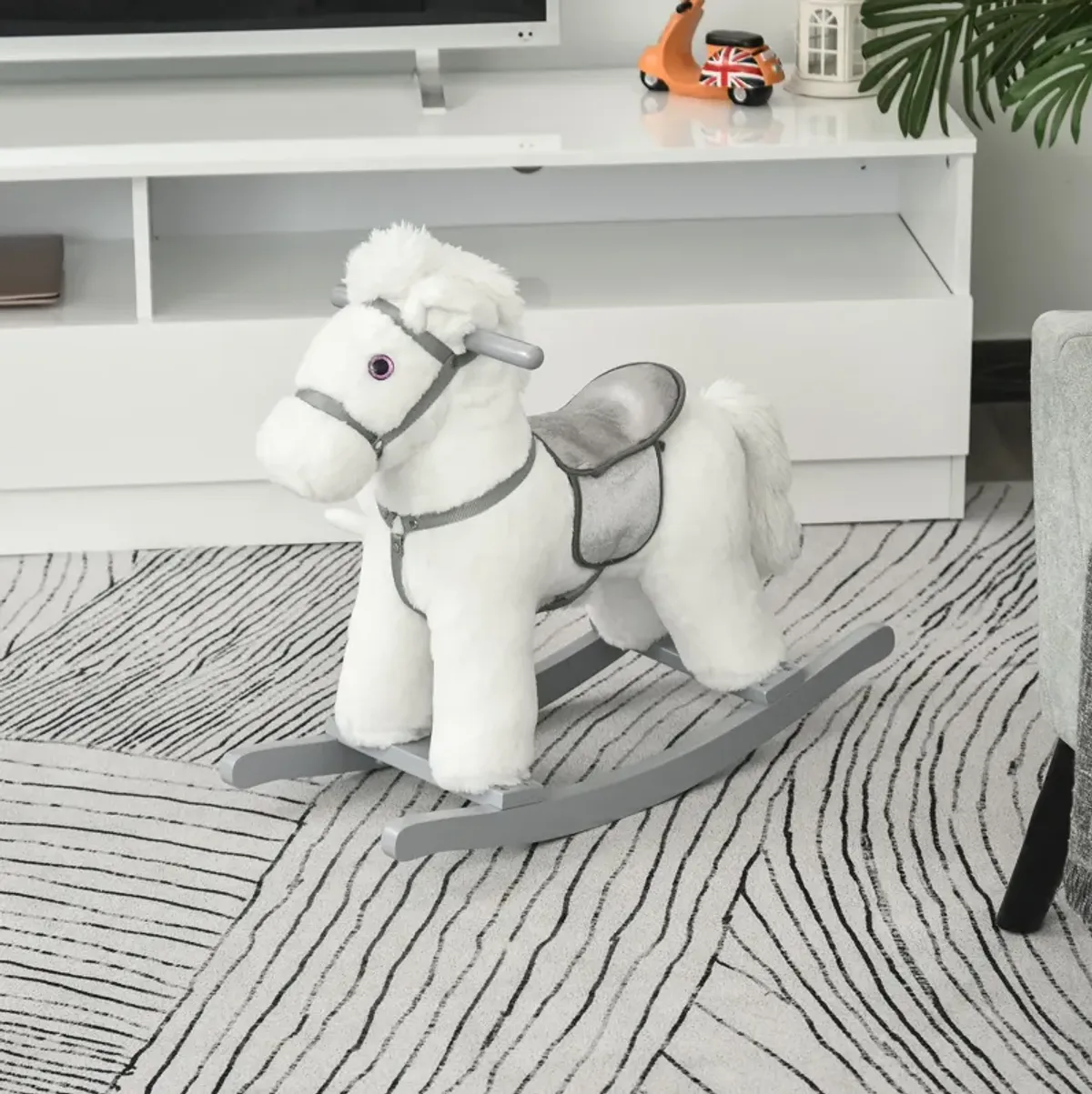 White Plush Pony: Rocking Horse with Bear Toy for Kids