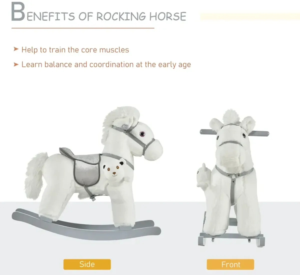 White Plush Pony: Rocking Horse with Bear Toy for Kids