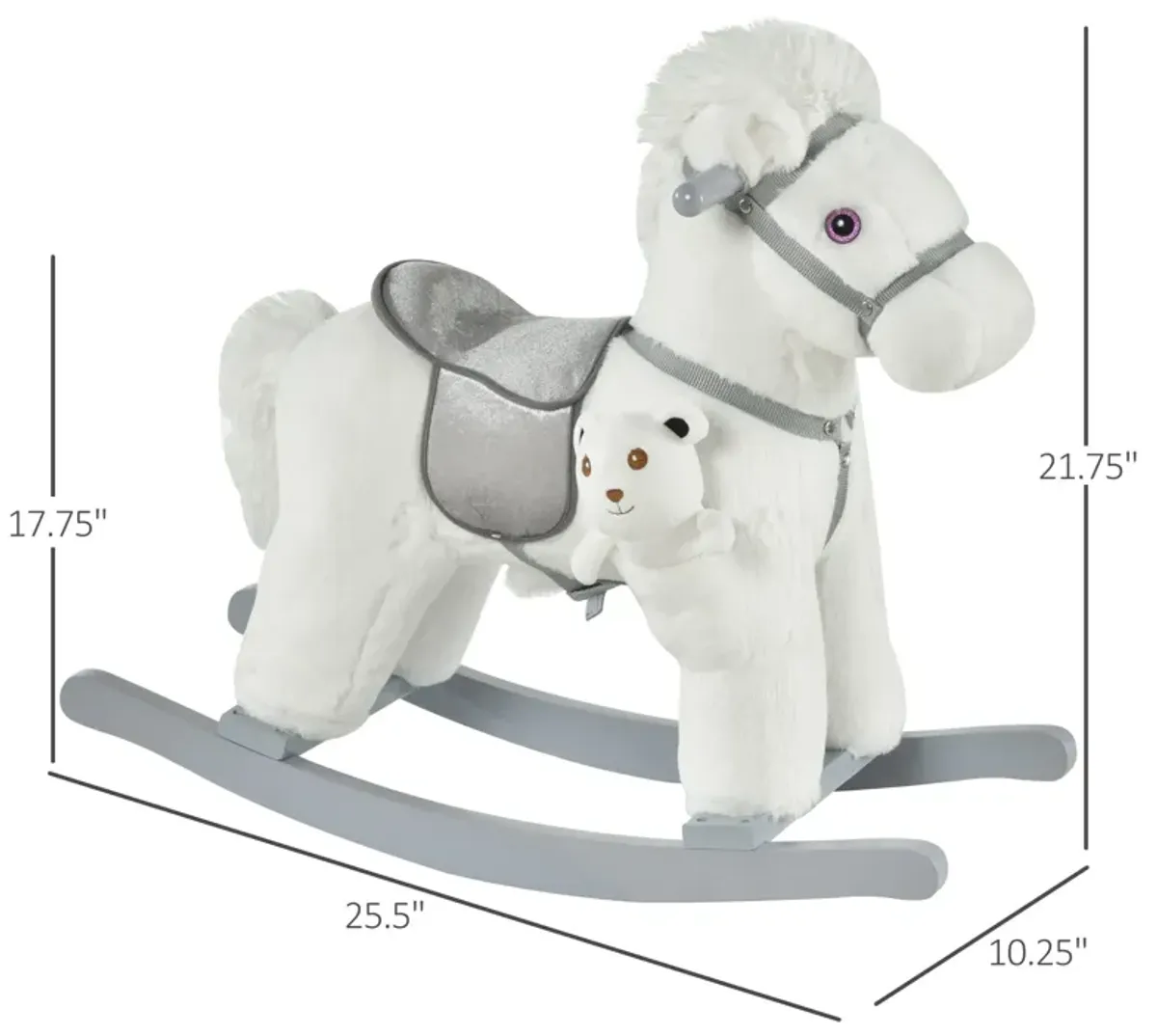 White Plush Pony: Rocking Horse with Bear Toy for Kids