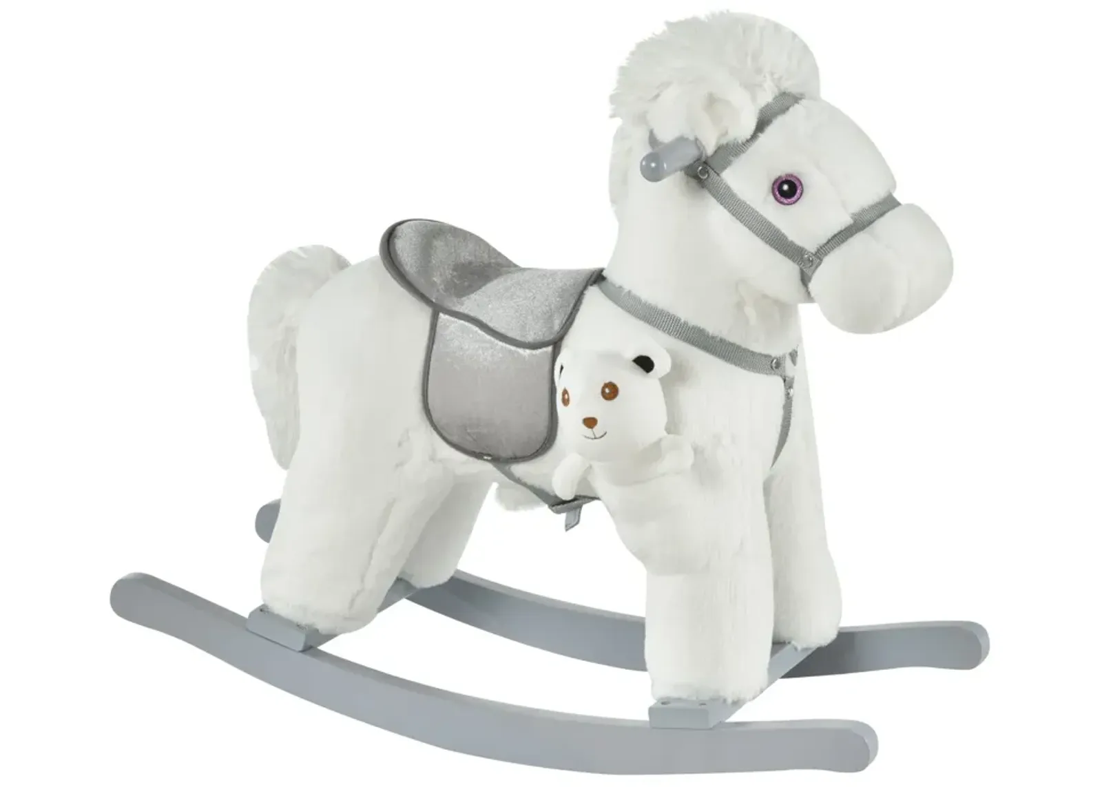 White Plush Pony: Rocking Horse with Bear Toy for Kids