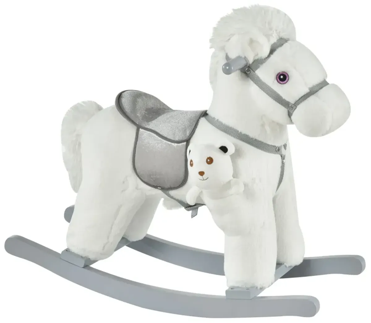 White Plush Pony: Rocking Horse with Bear Toy for Kids