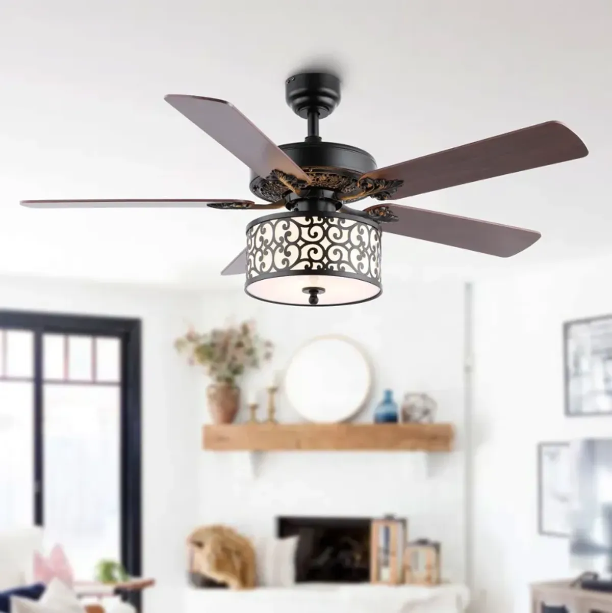 Paolo 3-Light Farmhouse Industrial Iron Scroll Drum Shade LED Ceiling Fan With Remote