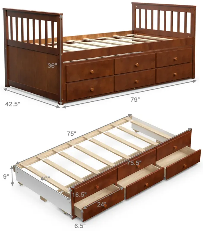 Twin Captain's Bed with Trundle and 3 Storage Drawers