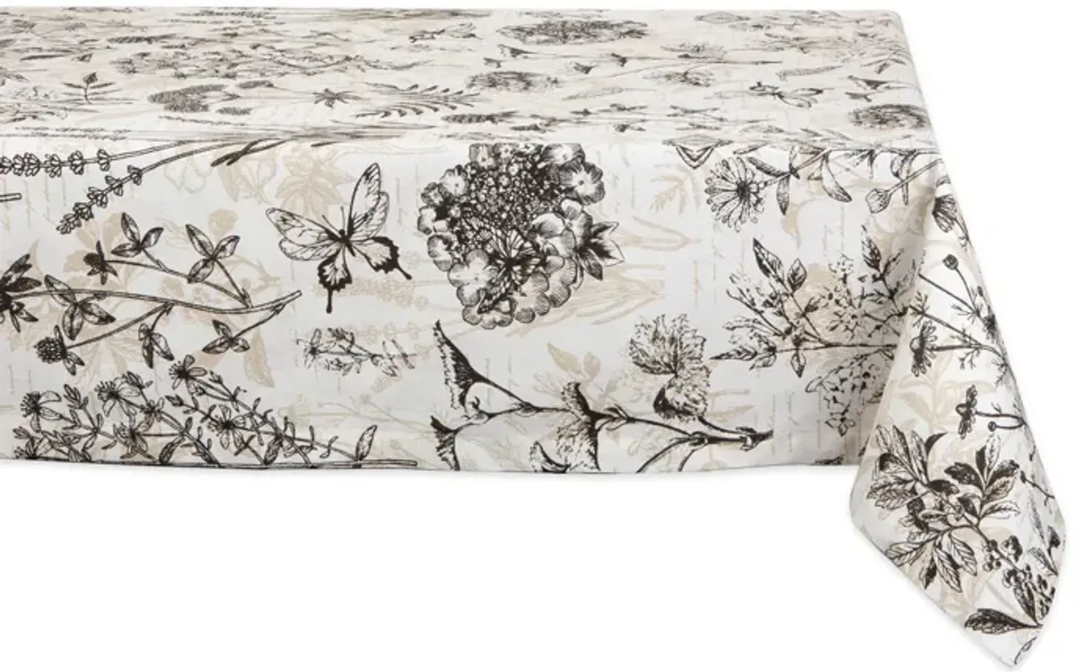 84" Ivory and Black Botanical Themed Rectangular Outdoor Tablecloth