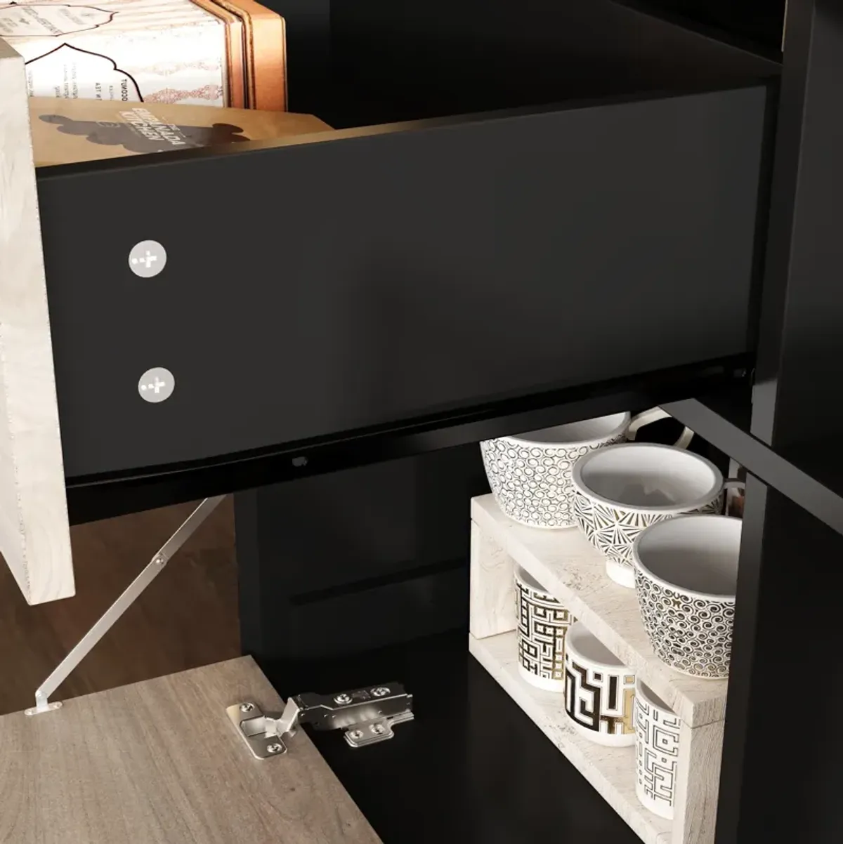 FUFU&GAGA 63" Modern TV Stand with Storage Drawers and Open Shelves, (63" W x 15.7" D x 26.8" H),Black and Brown