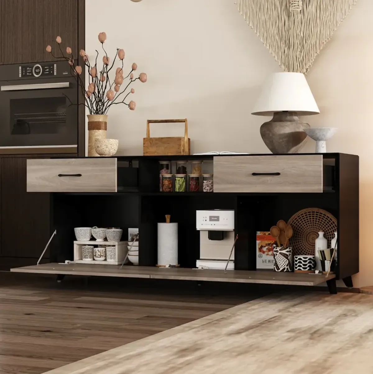 FUFU&GAGA 63" Modern TV Stand with Storage Drawers and Open Shelves, (63" W x 15.7" D x 26.8" H),Black and Brown