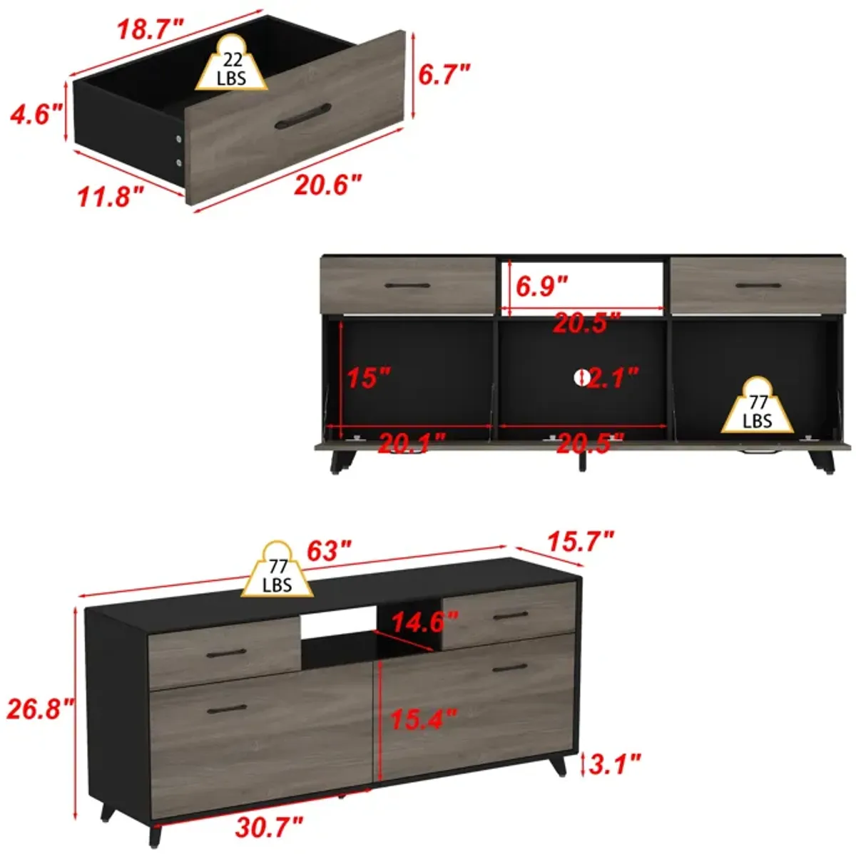 FUFU&GAGA 63" Modern TV Stand with Storage Drawers and Open Shelves, (63" W x 15.7" D x 26.8" H),Black and Brown