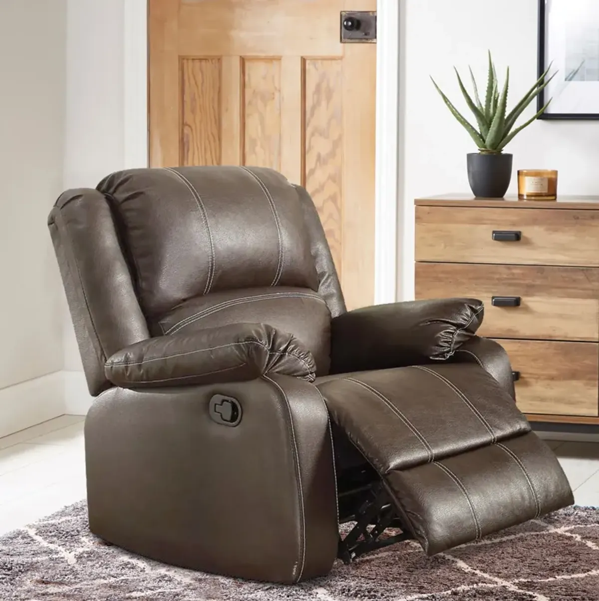 Leather Upholstered Metal Rocker Reclining Chair, Brown - Benzara