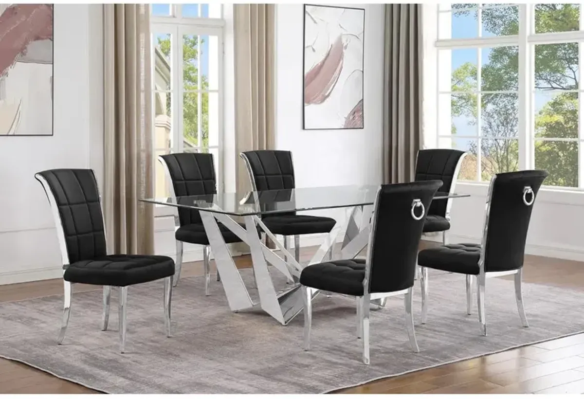 7pc Small(78") glass dining set with silver base and 6 Black side chairs