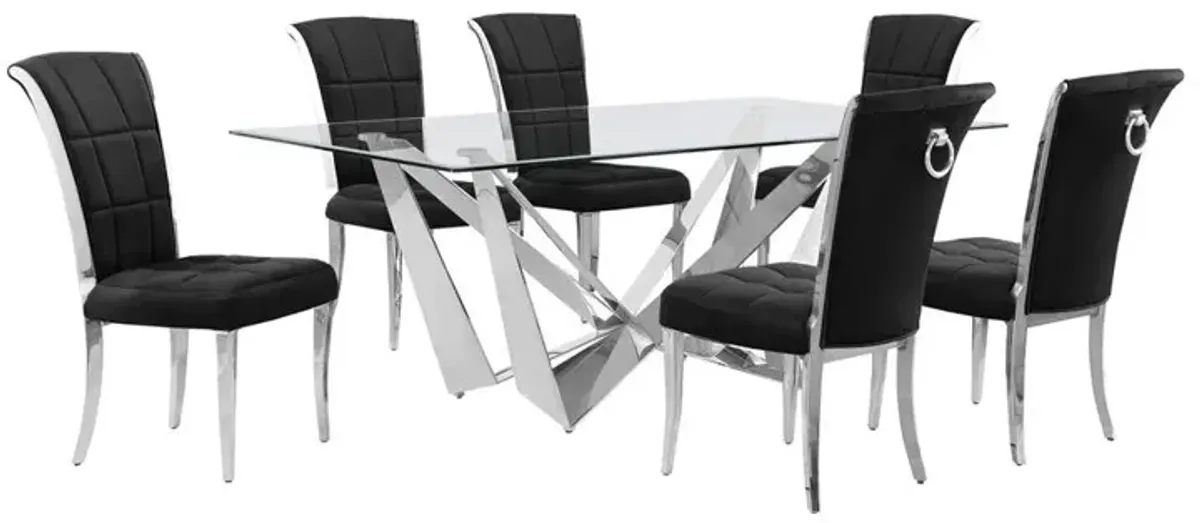 7pc Small(78") glass dining set with silver base and 6 Black side chairs