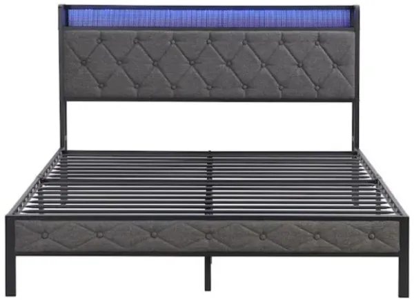 Queen Upholstered Platform Bed Frame with Metal Slats, Gray & Black, Queen Size
