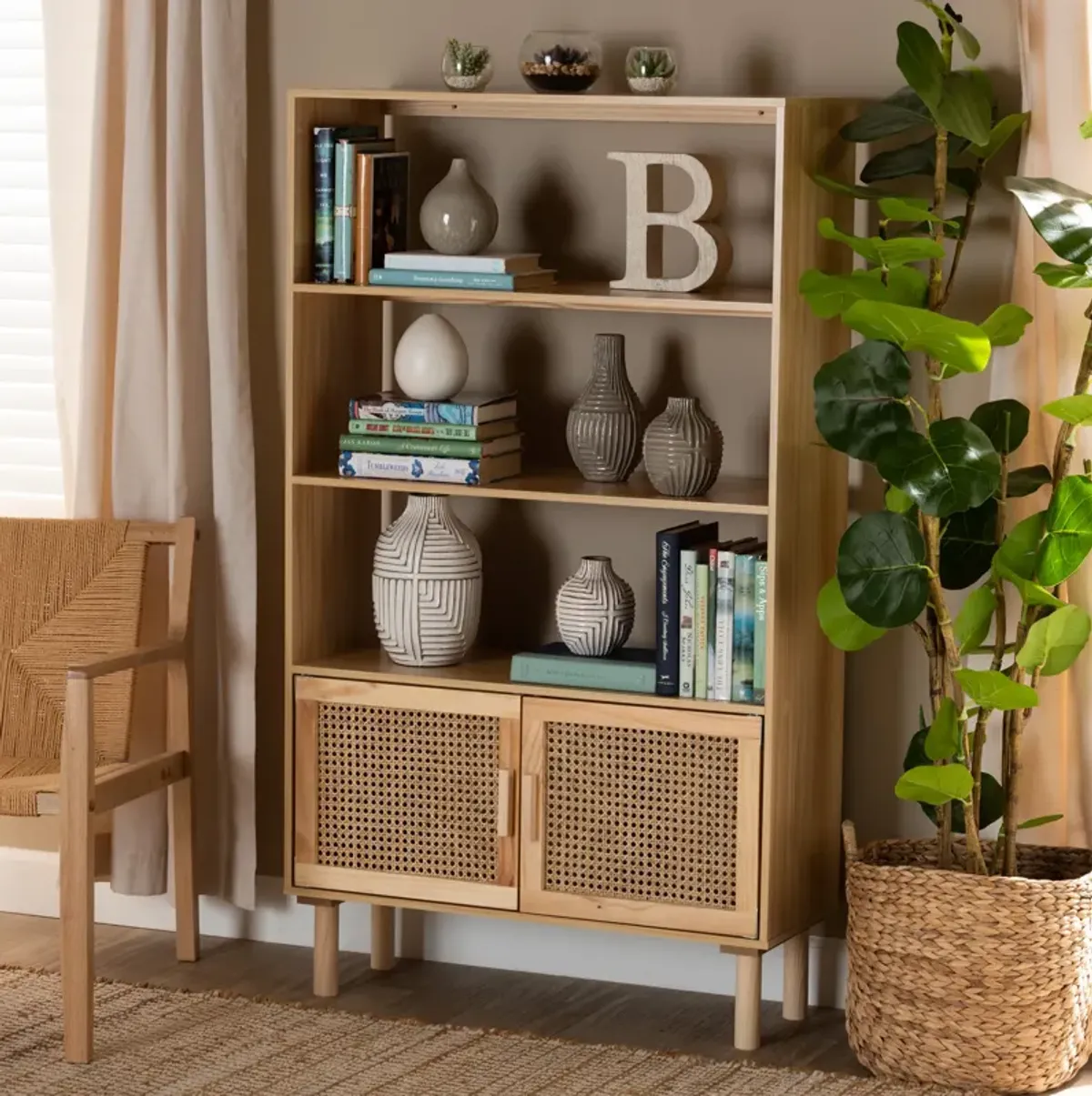 Baxton Studio Faulkner Mid Century Modern Natural Finished Wood and Rattan 2 Door Bookcase