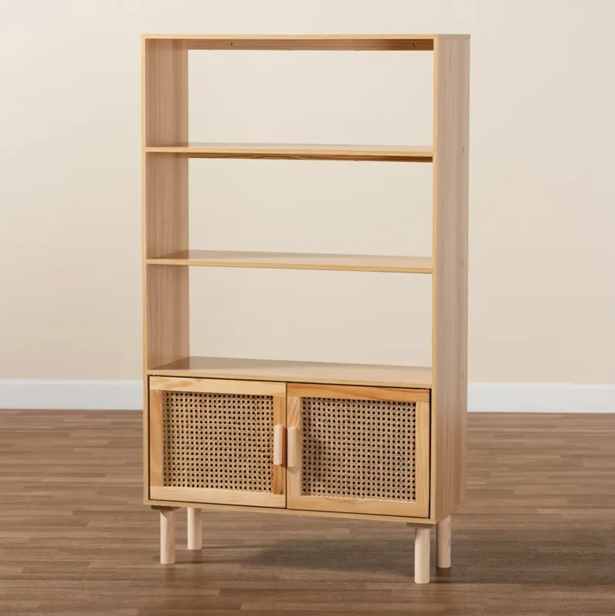 Baxton Studio Faulkner Mid Century Modern Natural Finished Wood and Rattan 2 Door Bookcase