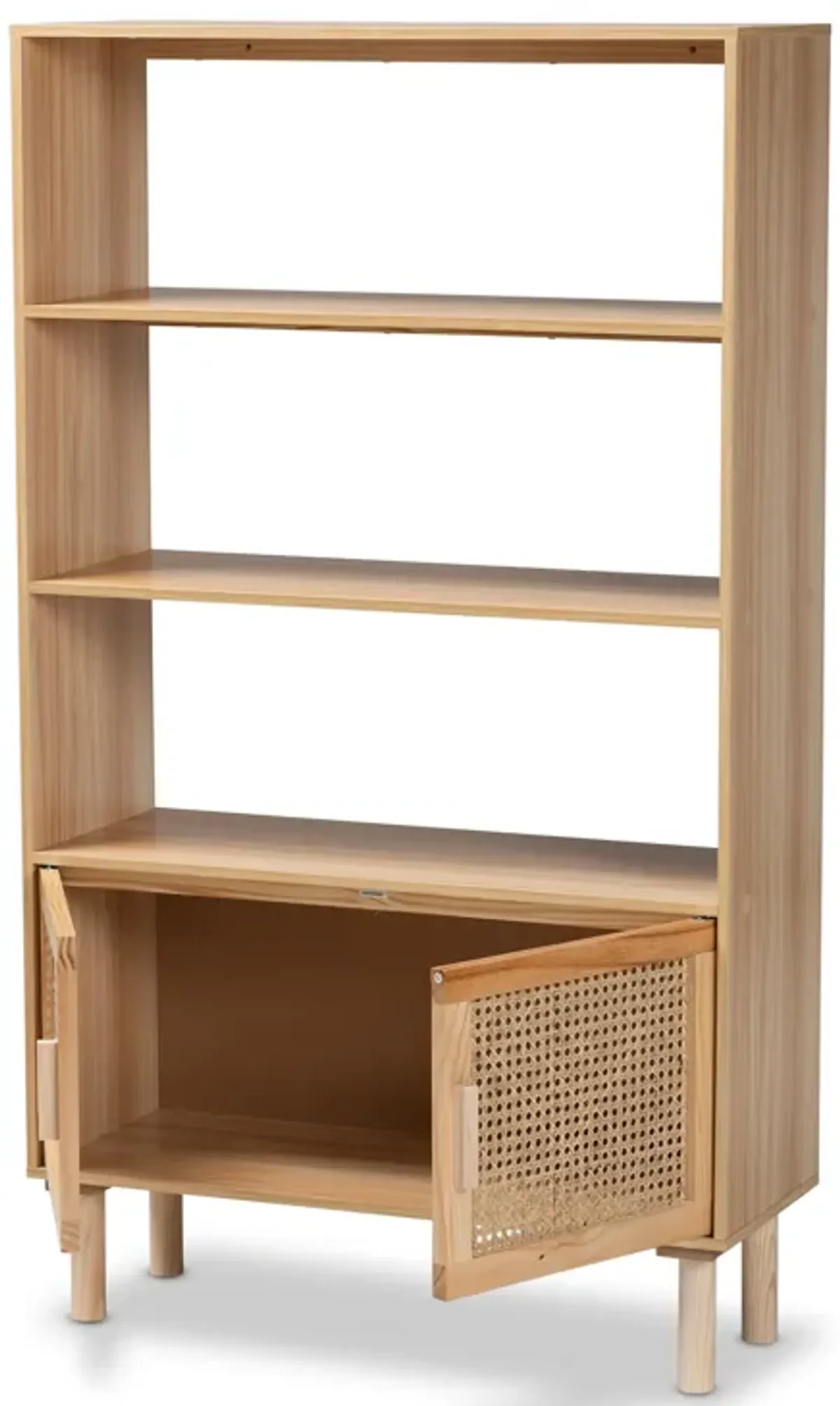 Baxton Studio Faulkner Mid Century Modern Natural Finished Wood and Rattan 2 Door Bookcase