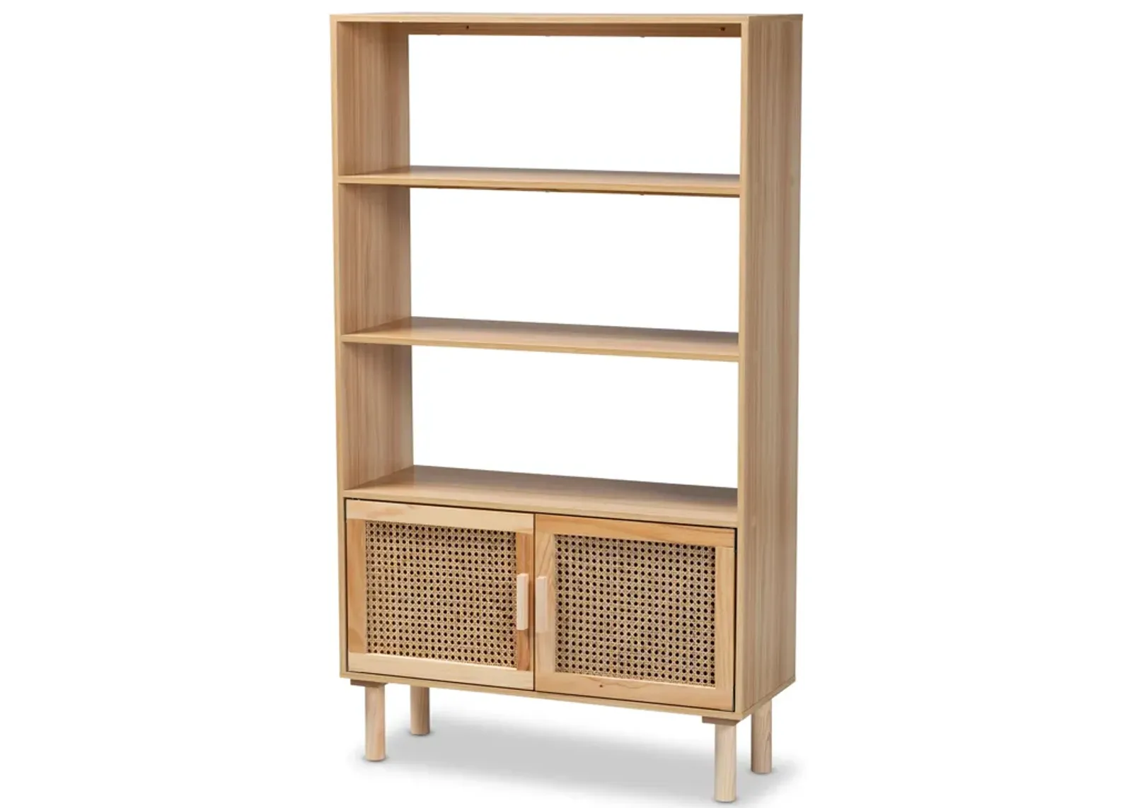 Baxton Studio Faulkner Mid Century Modern Natural Finished Wood and Rattan 2 Door Bookcase