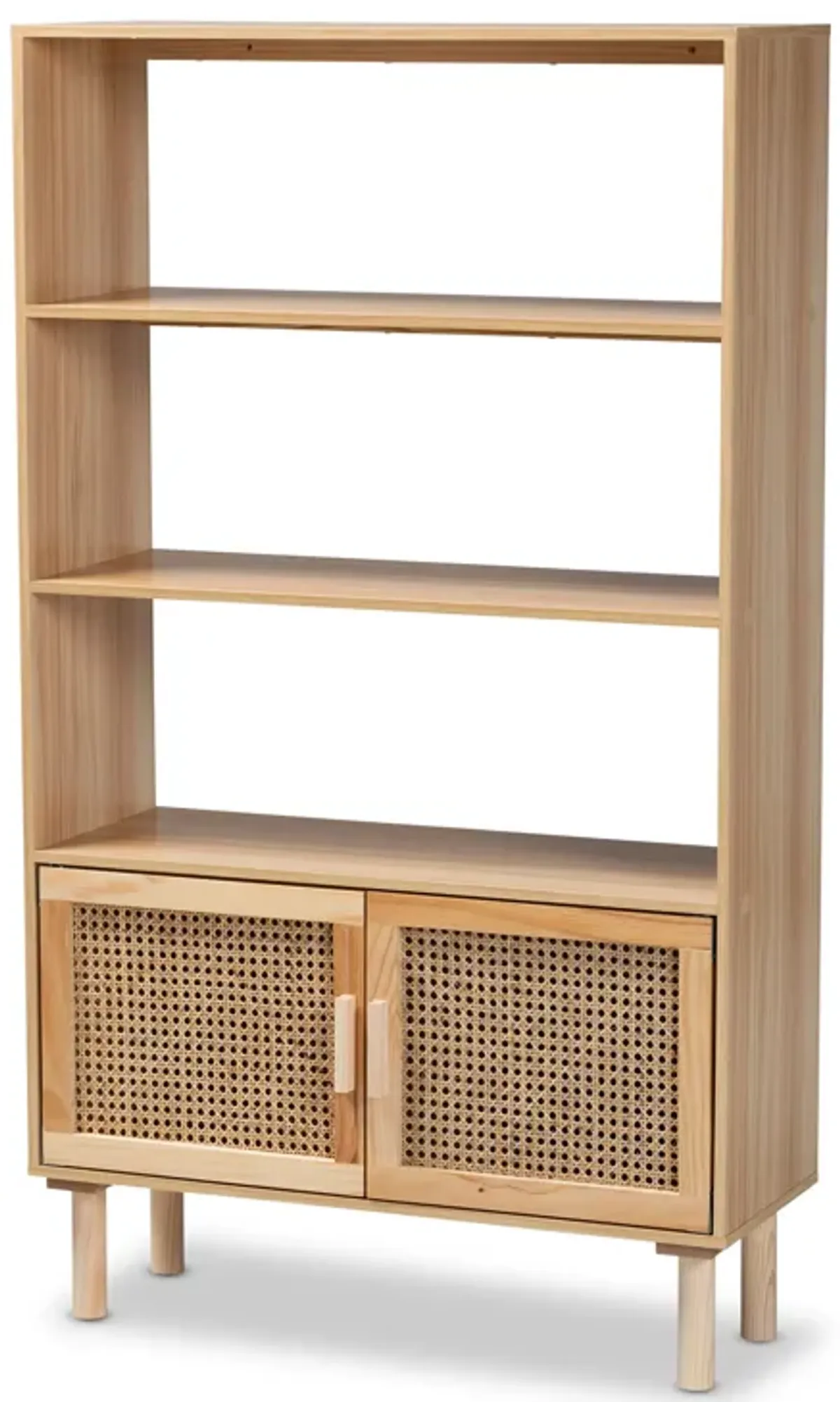 Baxton Studio Faulkner Mid Century Modern Natural Finished Wood and Rattan 2 Door Bookcase