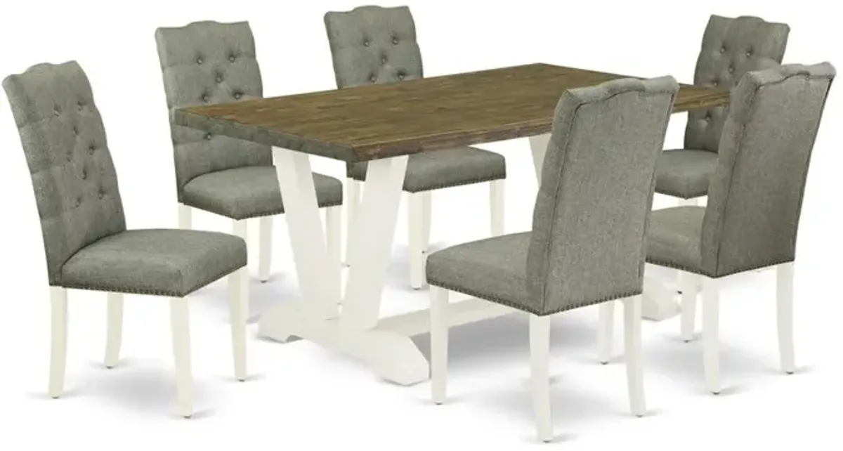 East West Furniture V076EL207-7 7-Pc Dining Table Set- 6 Dining Padded Chairs with Smoke Linen Fabric Seat and Button Tufted Chair Back - Rectangular Table Top & Wooden Legs - Distressed Jacobean and