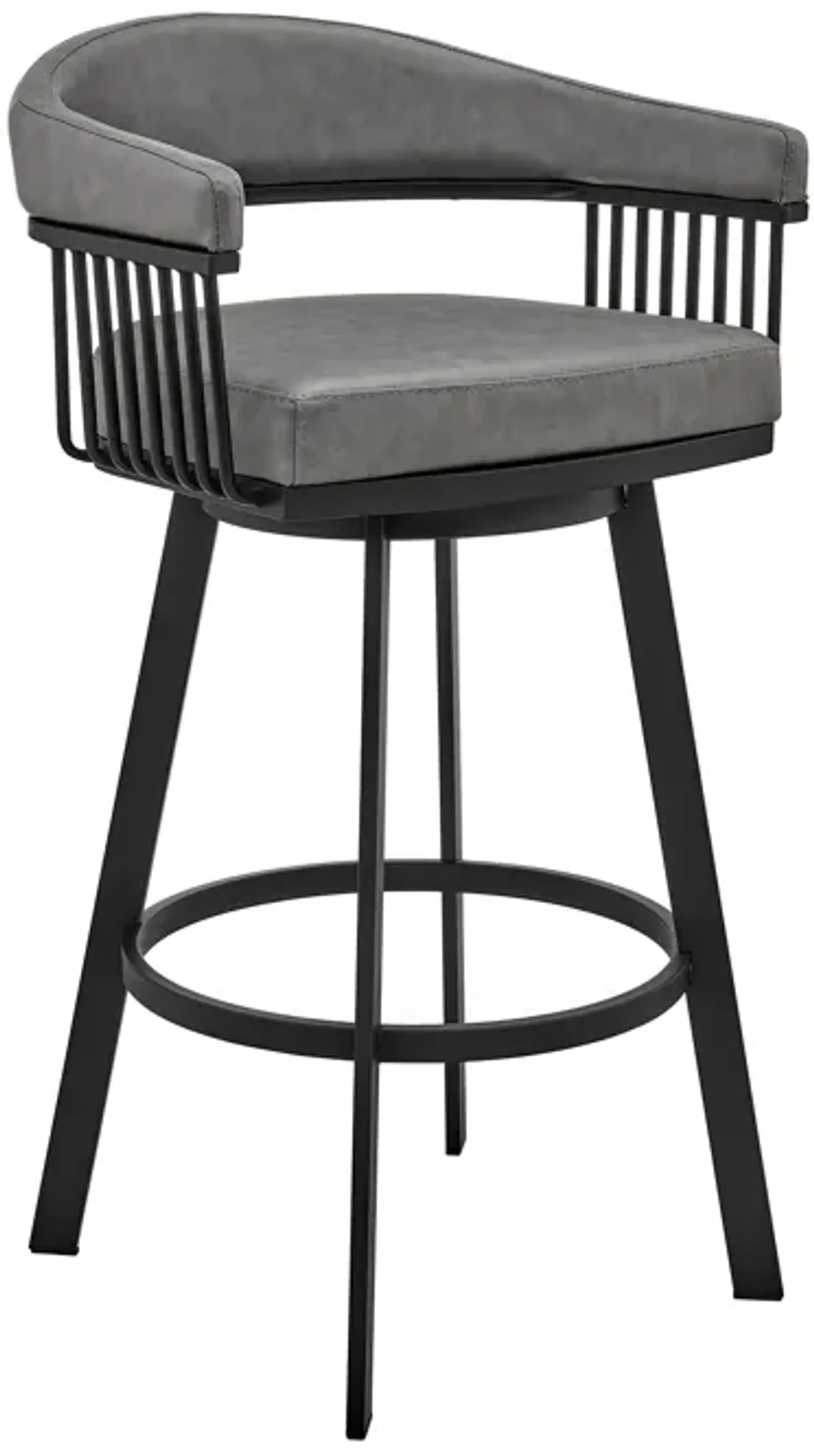 Swivel Barstool with Open Design Metal Frame and Slatted Arms, Gray and Black-Benzara