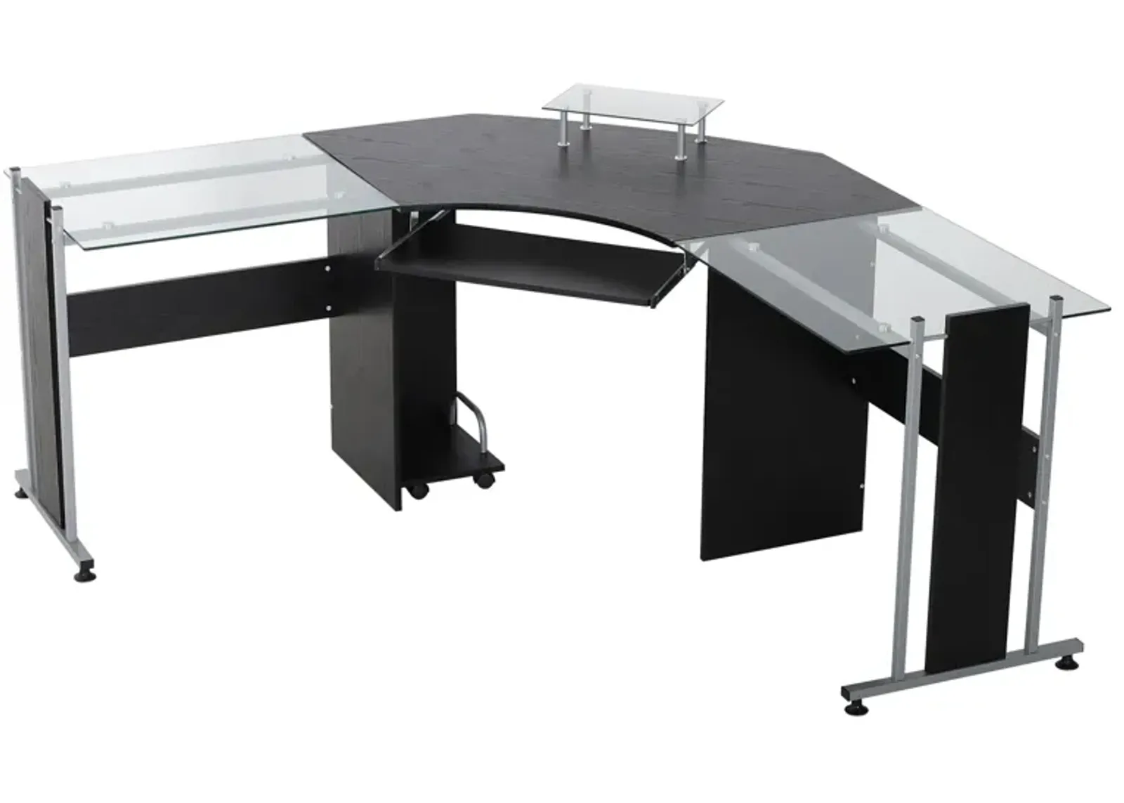 Black Glass Workstation: 69" L-Shaped Desk with Monitor Stand & Keyboard Tray