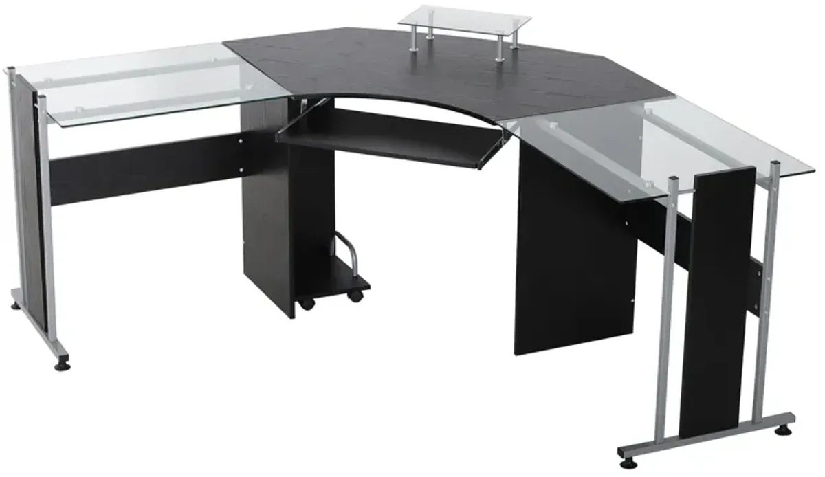 Black Glass Workstation: 69" L-Shaped Desk with Monitor Stand & Keyboard Tray